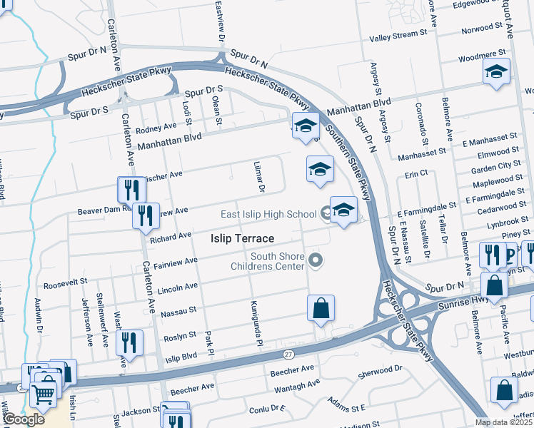 map of restaurants, bars, coffee shops, grocery stores, and more near 75 Richard Avenue in Islip Terrace
