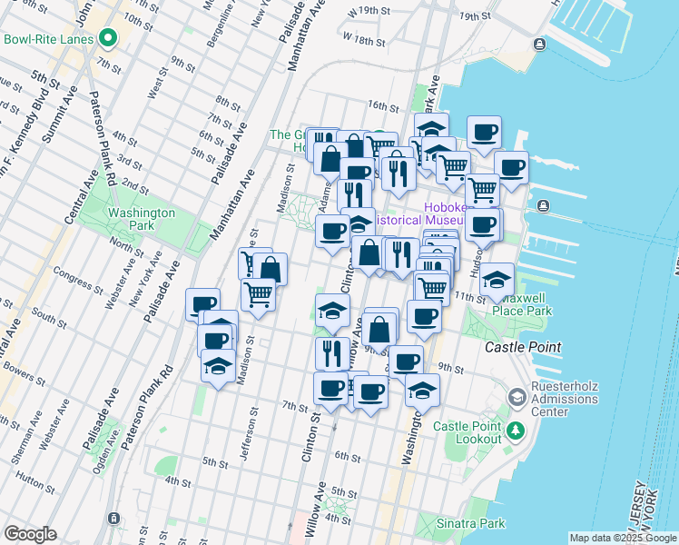 map of restaurants, bars, coffee shops, grocery stores, and more near 1034 Clinton Street in Hoboken