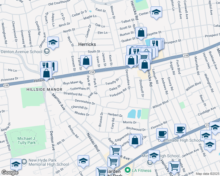 map of restaurants, bars, coffee shops, grocery stores, and more near 33 Daley Street in New Hyde Park