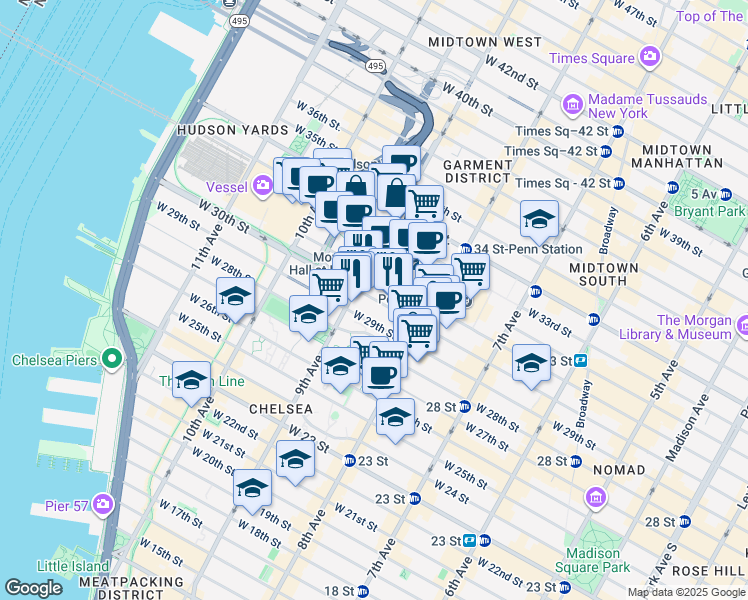 map of restaurants, bars, coffee shops, grocery stores, and more near West 30th Street in New York