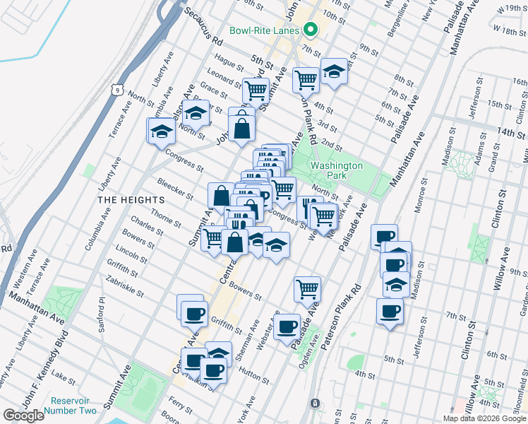 map of restaurants, bars, coffee shops, grocery stores, and more near in Jersey City