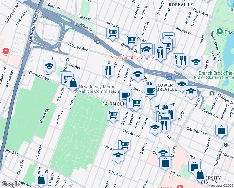 map of restaurants, bars, coffee shops, grocery stores, and more near 114 South 12th Street in Newark