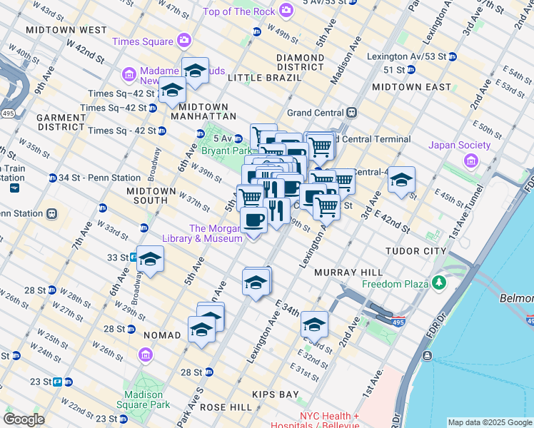 map of restaurants, bars, coffee shops, grocery stores, and more near 27-29 East 39th Street in New York