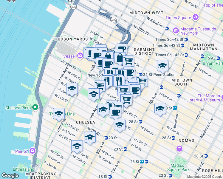 map of restaurants, bars, coffee shops, grocery stores, and more near 370 West 30th Street in New York
