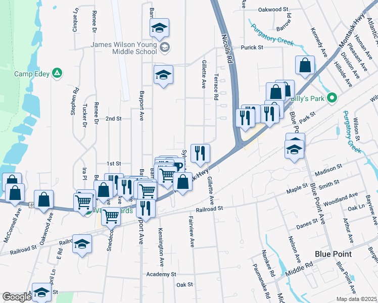 map of restaurants, bars, coffee shops, grocery stores, and more near 465 Sylvan Avenue in Bayport