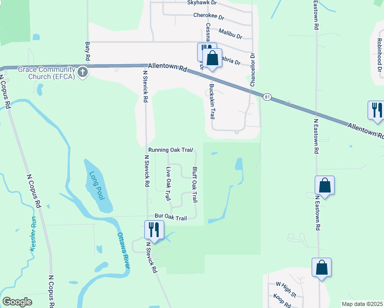 map of restaurants, bars, coffee shops, grocery stores, and more near 967 Bluff Oak Trail in Elida