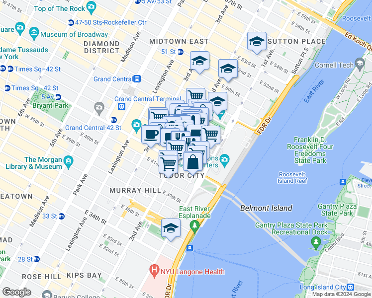 map of restaurants, bars, coffee shops, grocery stores, and more near 303 East 43rd Street in New York