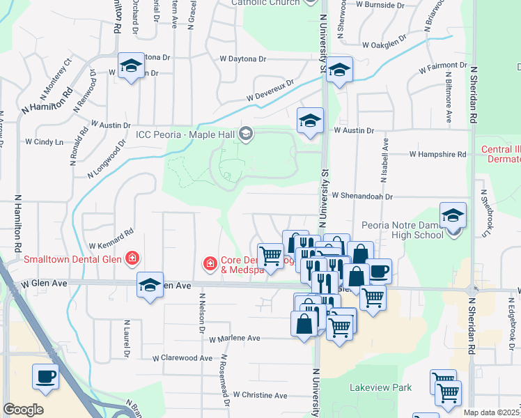 map of restaurants, bars, coffee shops, grocery stores, and more near 1509 West Sunnyview Drive in Peoria