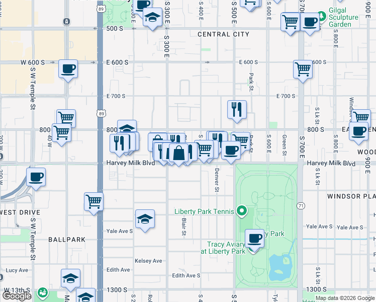 map of restaurants, bars, coffee shops, grocery stores, and more near 857 Blair Street East in Salt Lake City