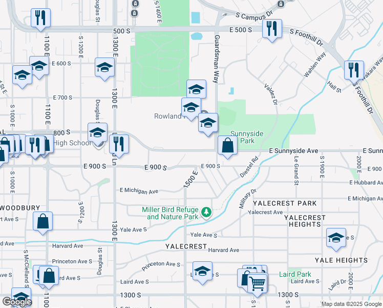 map of restaurants, bars, coffee shops, grocery stores, and more near 1512 Sunnyside Avenue South in Salt Lake City
