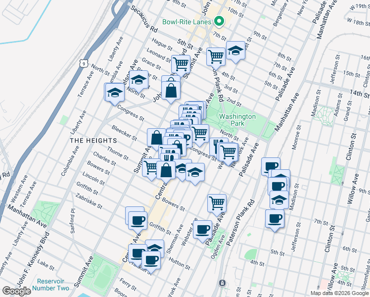 map of restaurants, bars, coffee shops, grocery stores, and more near in Jersey City