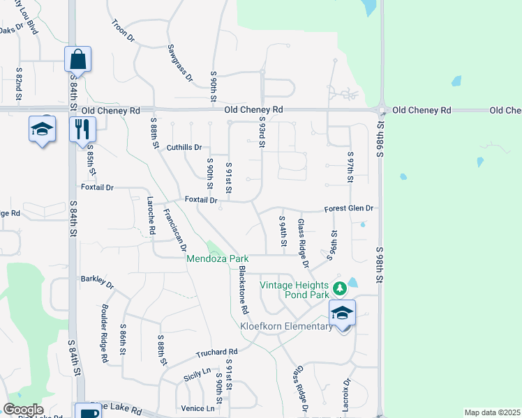 map of restaurants, bars, coffee shops, grocery stores, and more near 9321 Forest Glen Drive in Lincoln