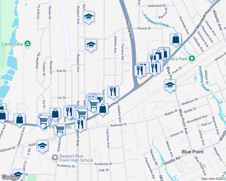 map of restaurants, bars, coffee shops, grocery stores, and more near 440 Gillette Avenue in Bayport