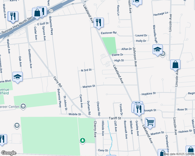 map of restaurants, bars, coffee shops, grocery stores, and more near 733 Chester Road in Sayville