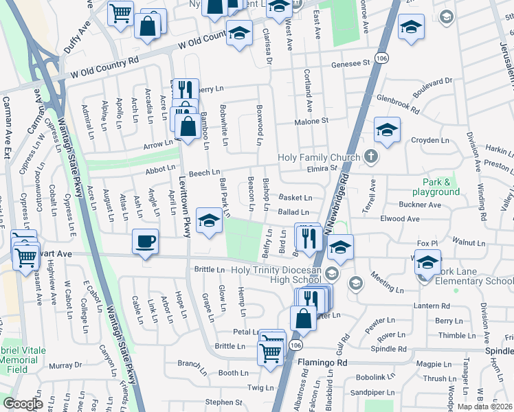 map of restaurants, bars, coffee shops, grocery stores, and more near 33 Beacon Lane in Hicksville