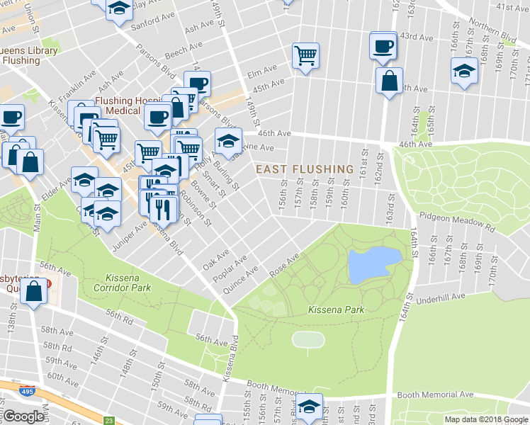 map of restaurants, bars, coffee shops, grocery stores, and more near 49-18 Negundo Avenue in Queens