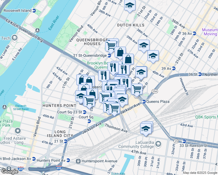 map of restaurants, bars, coffee shops, grocery stores, and more near 23-01 42nd Road in Queens