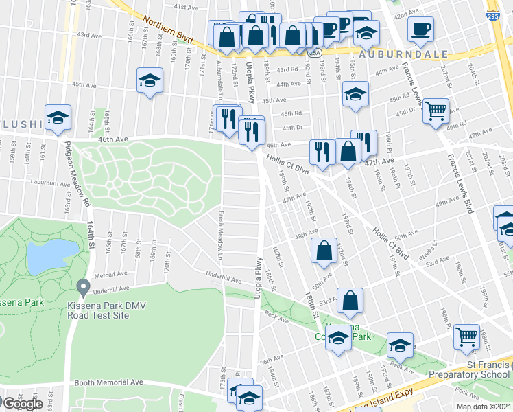 map of restaurants, bars, coffee shops, grocery stores, and more near 46-90 Utopia Parkway in Queens