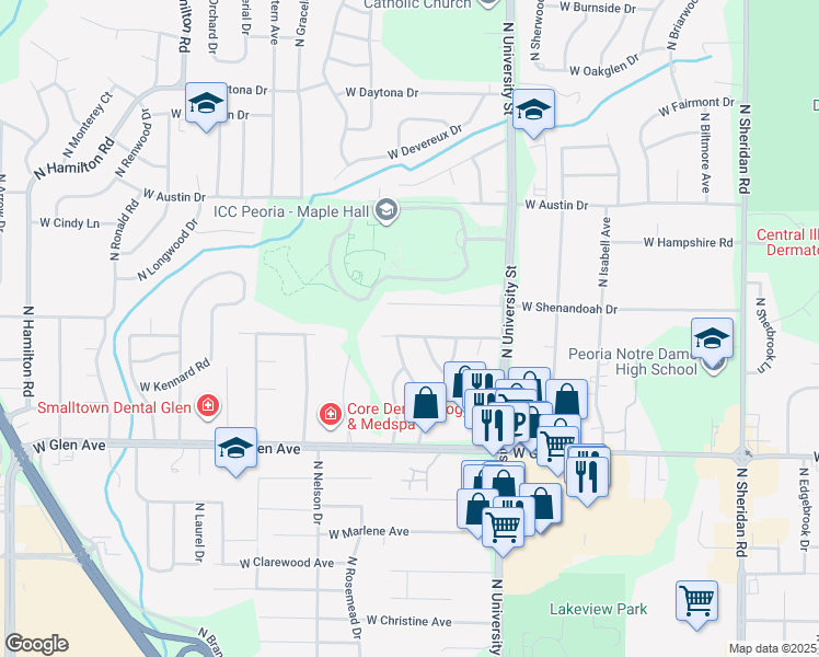 map of restaurants, bars, coffee shops, grocery stores, and more near 1509 West Sunnyview Drive in Peoria