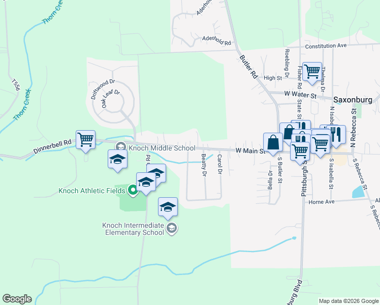 map of restaurants, bars, coffee shops, grocery stores, and more near 257 Carol Drive in Saxonburg