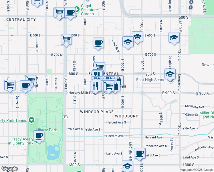 map of restaurants, bars, coffee shops, grocery stores, and more near 853 South 900 East in Salt Lake City