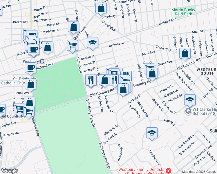 map of restaurants, bars, coffee shops, grocery stores, and more near 575 Old Country Road in Westbury