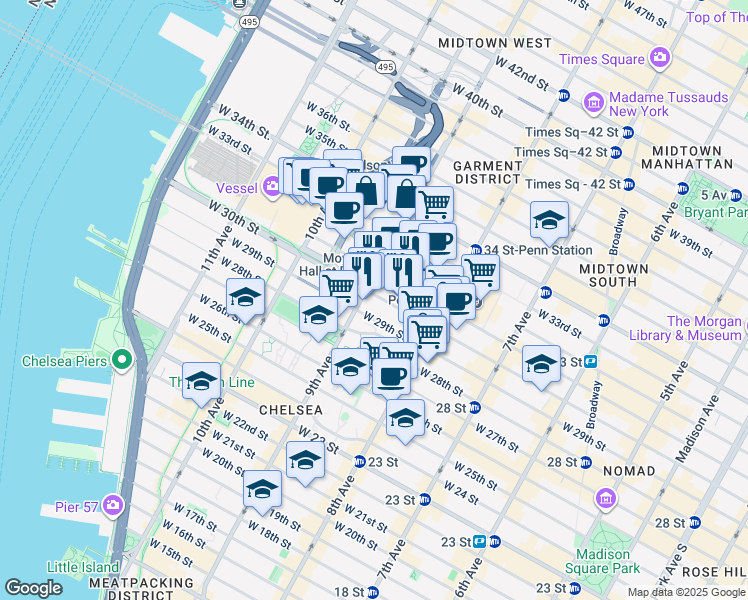 map of restaurants, bars, coffee shops, grocery stores, and more near 370 West 30th Street in New York