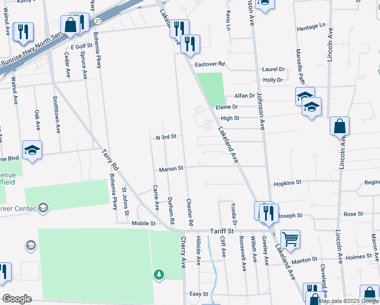 map of restaurants, bars, coffee shops, grocery stores, and more near 733 Chester Road in Sayville