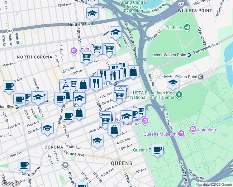 map of restaurants, bars, coffee shops, grocery stores, and more near 41-12 111th Street in Queens