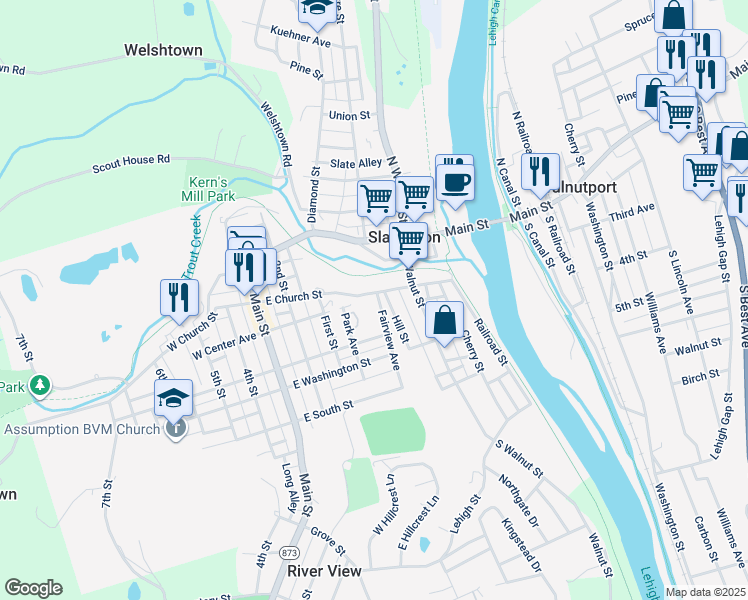map of restaurants, bars, coffee shops, grocery stores, and more near 366 East Church Street in Slatington