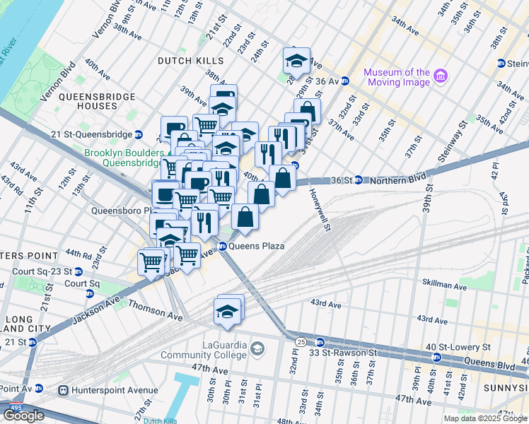 map of restaurants, bars, coffee shops, grocery stores, and more near 29-76 Northern Boulevard in Queens