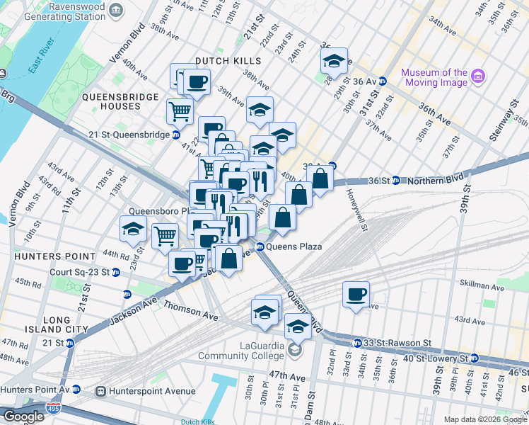 map of restaurants, bars, coffee shops, grocery stores, and more near 29-37 41st Avenue in Queens