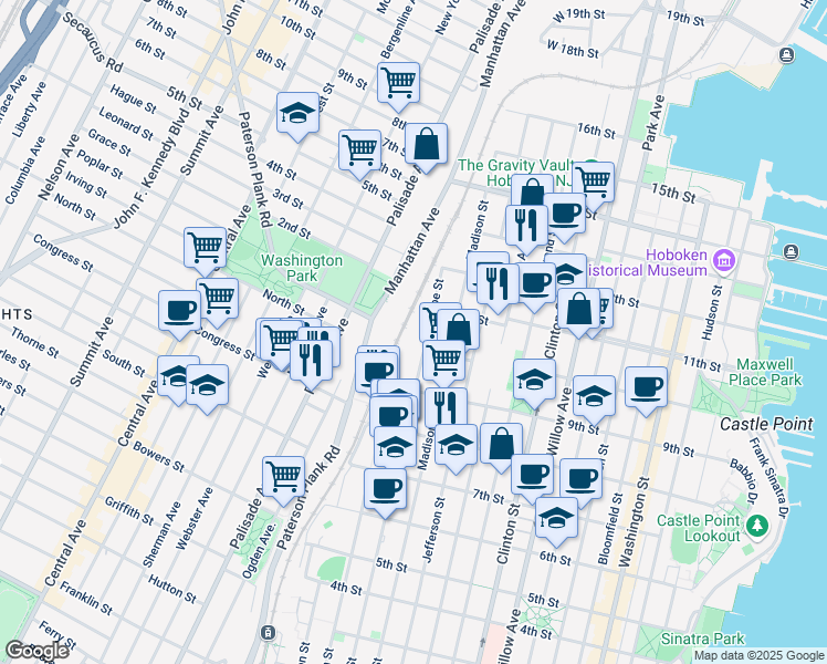 map of restaurants, bars, coffee shops, grocery stores, and more near 1060 Monroe Street in Hoboken