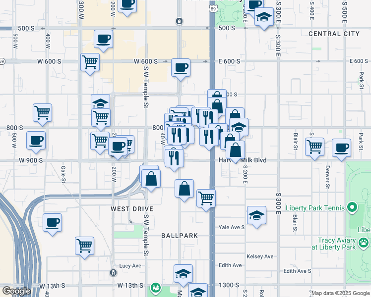 map of restaurants, bars, coffee shops, grocery stores, and more near 857 South Main Street in Salt Lake City