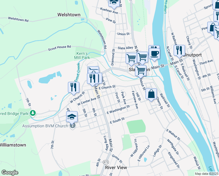 map of restaurants, bars, coffee shops, grocery stores, and more near 121 East Church Street in Slatington