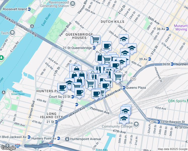 map of restaurants, bars, coffee shops, grocery stores, and more near 42-20 24th Street in Queens