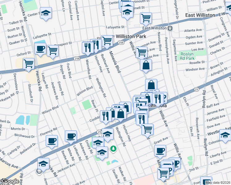 map of restaurants, bars, coffee shops, grocery stores, and more near 361 Burkhard Avenue in Mineola