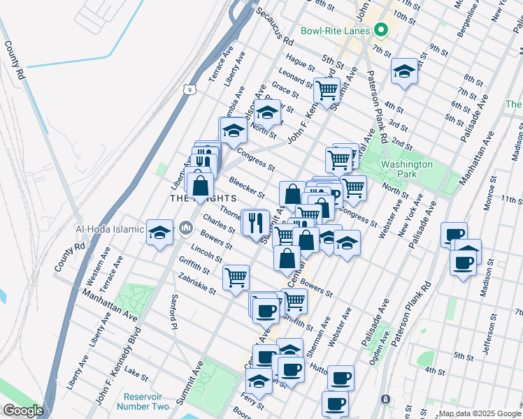 map of restaurants, bars, coffee shops, grocery stores, and more near 186-188 South Street in Jersey City