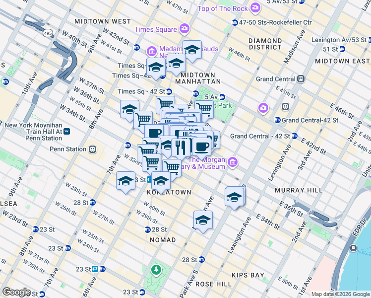 map of restaurants, bars, coffee shops, grocery stores, and more near 60 West 36th Street in New York