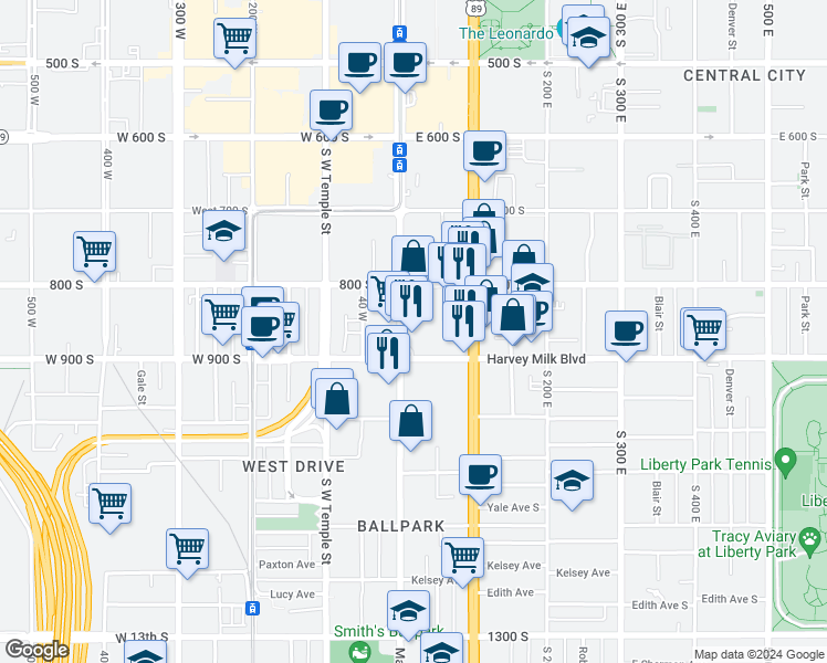 map of restaurants, bars, coffee shops, grocery stores, and more near 857 South Main Street in Salt Lake City