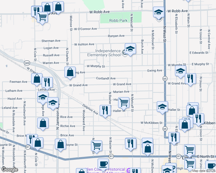 map of restaurants, bars, coffee shops, grocery stores, and more near 847 North Baxter Street in Lima