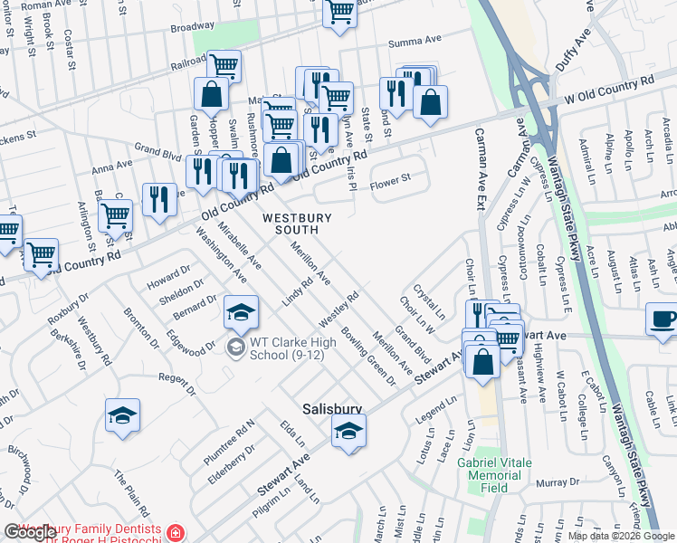 map of restaurants, bars, coffee shops, grocery stores, and more near 961 Grand Boulevard in Westbury