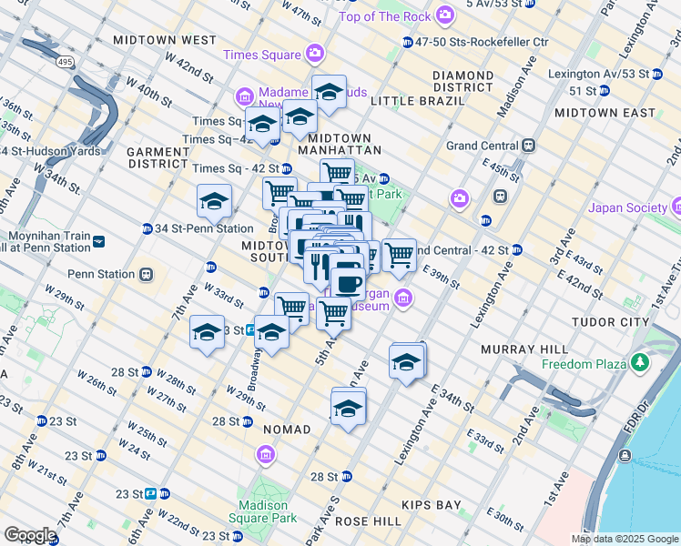 map of restaurants, bars, coffee shops, grocery stores, and more near 15 West 36th Street in New York