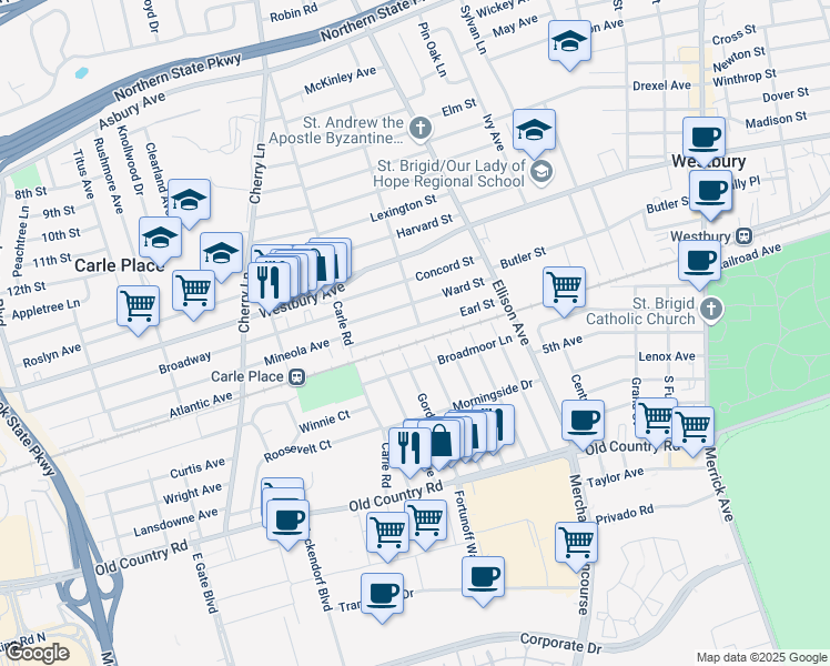 map of restaurants, bars, coffee shops, grocery stores, and more near 100 Earl Street in Westbury