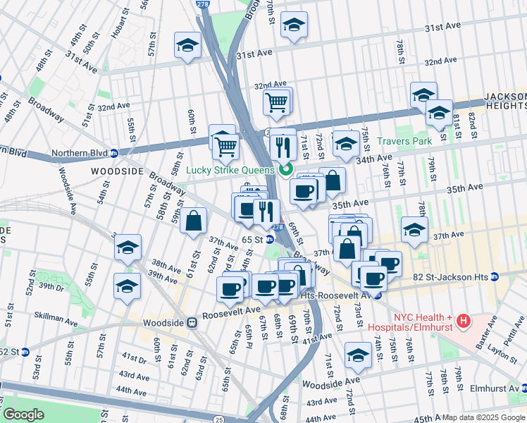 map of restaurants, bars, coffee shops, grocery stores, and more near 64-19 35th Avenue in Queens