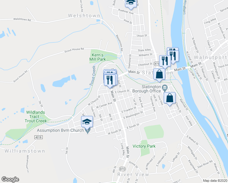map of restaurants, bars, coffee shops, grocery stores, and more near 234 East Church Street in Slatington