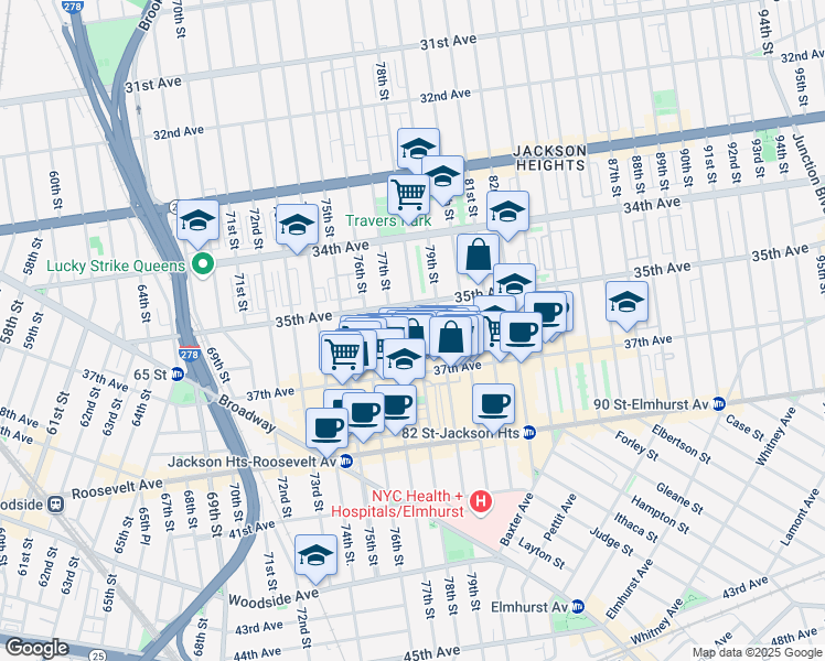 map of restaurants, bars, coffee shops, grocery stores, and more near 35-24 78th Street in Queens