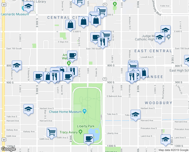 map of restaurants, bars, coffee shops, grocery stores, and more near 852 Green Street in Salt Lake City