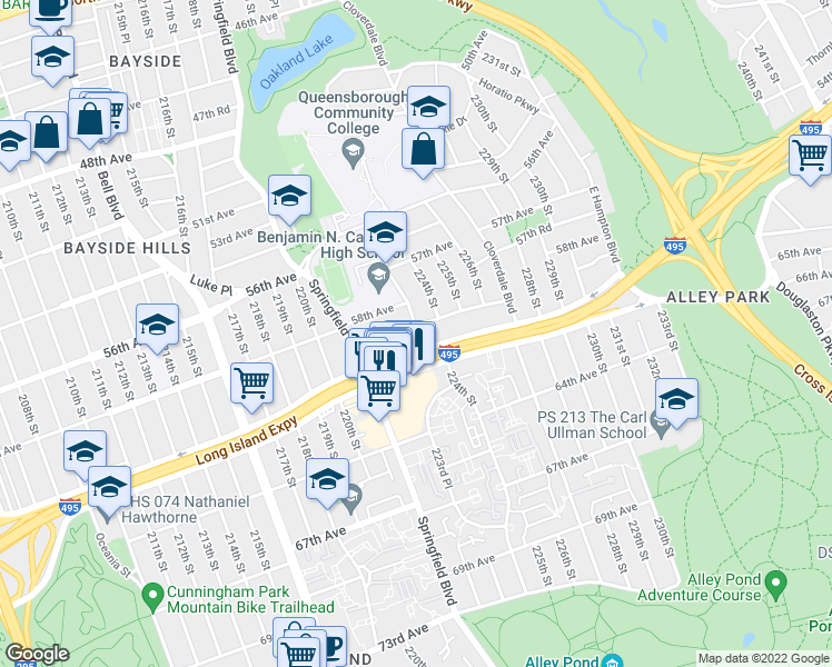 map of restaurants, bars, coffee shops, grocery stores, and more near 221-64 59th Avenue in Queens