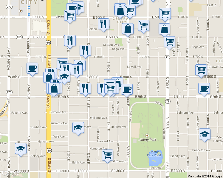 map of restaurants, bars, coffee shops, grocery stores, and more near 412 Van Ness Place South in Salt Lake City